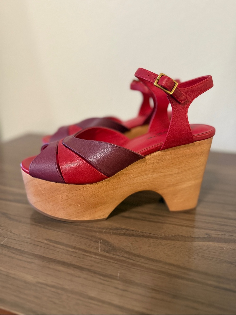 Charlotte Stone Two-Tone Red & Burgundy Platform Wedge Sandals - Picture 2 of 12